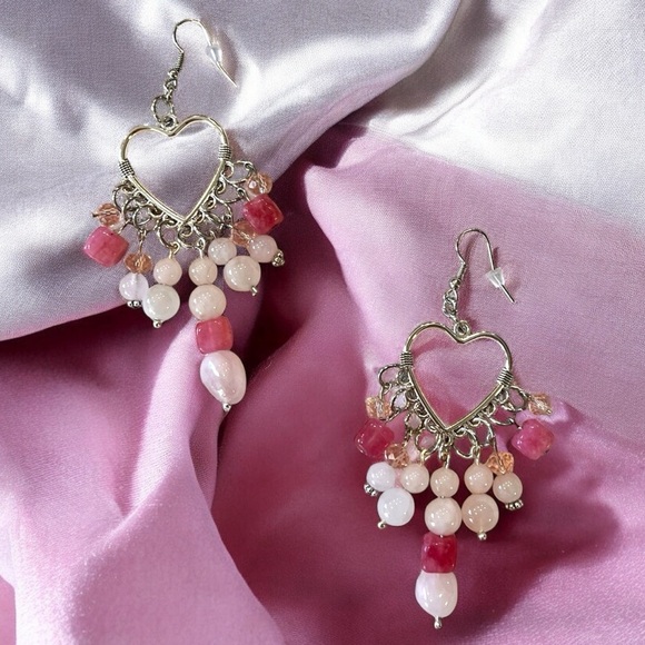 Rose Quartz and Crystals Heart Shaped Silver Toned Chandelier Earrings - Picture 4 of 17